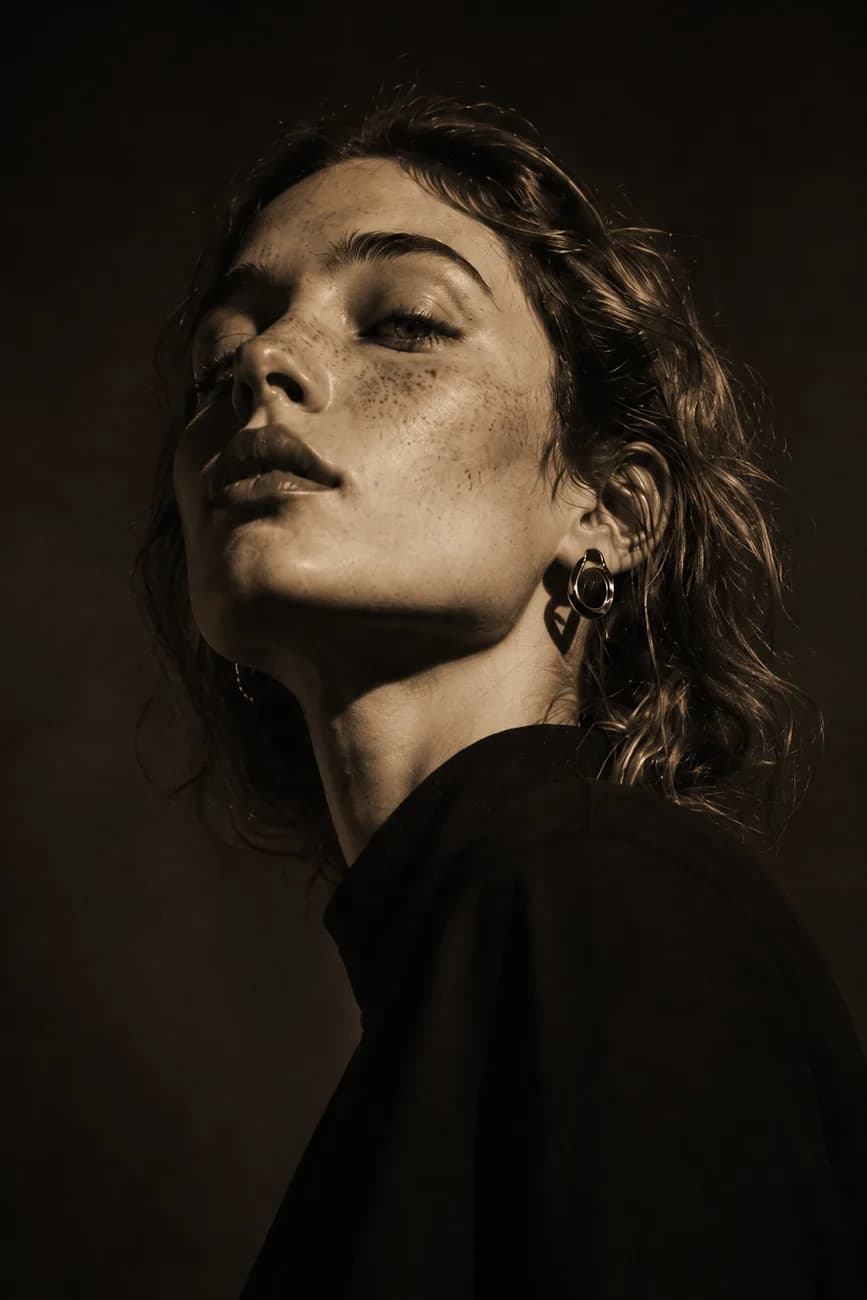 Sepia editorial portrait in dramatic light