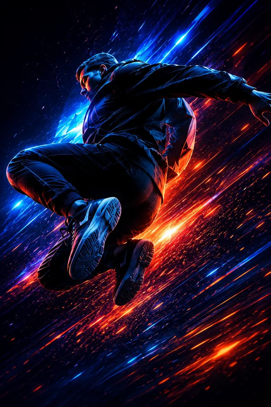 Athlete mid-leap with neon light trails