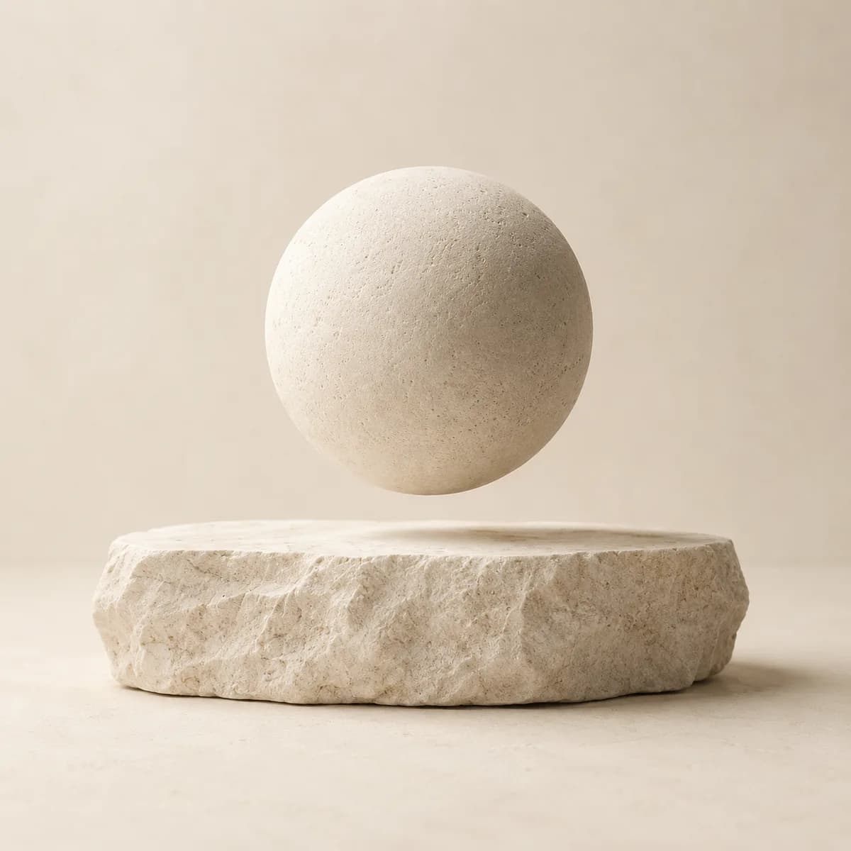 Levitating travertine stone sphere above a raw stone slab